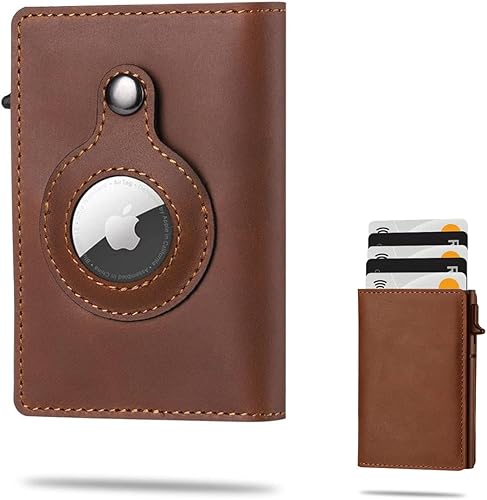 Cartera de piel auténtica con ranura para Airtag, tarjetero para tarjetas bancarias, cartera RFID, minimalista, antipérdida, automático, emergente,