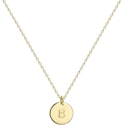 Valloey Rover Initial Necklaces for Women 14K Gold Plated Dainty Letter Necklce Round Coin Disc Pendant Double Side Engraved A-Z Necklace Personalized Jewelry Gift for Women