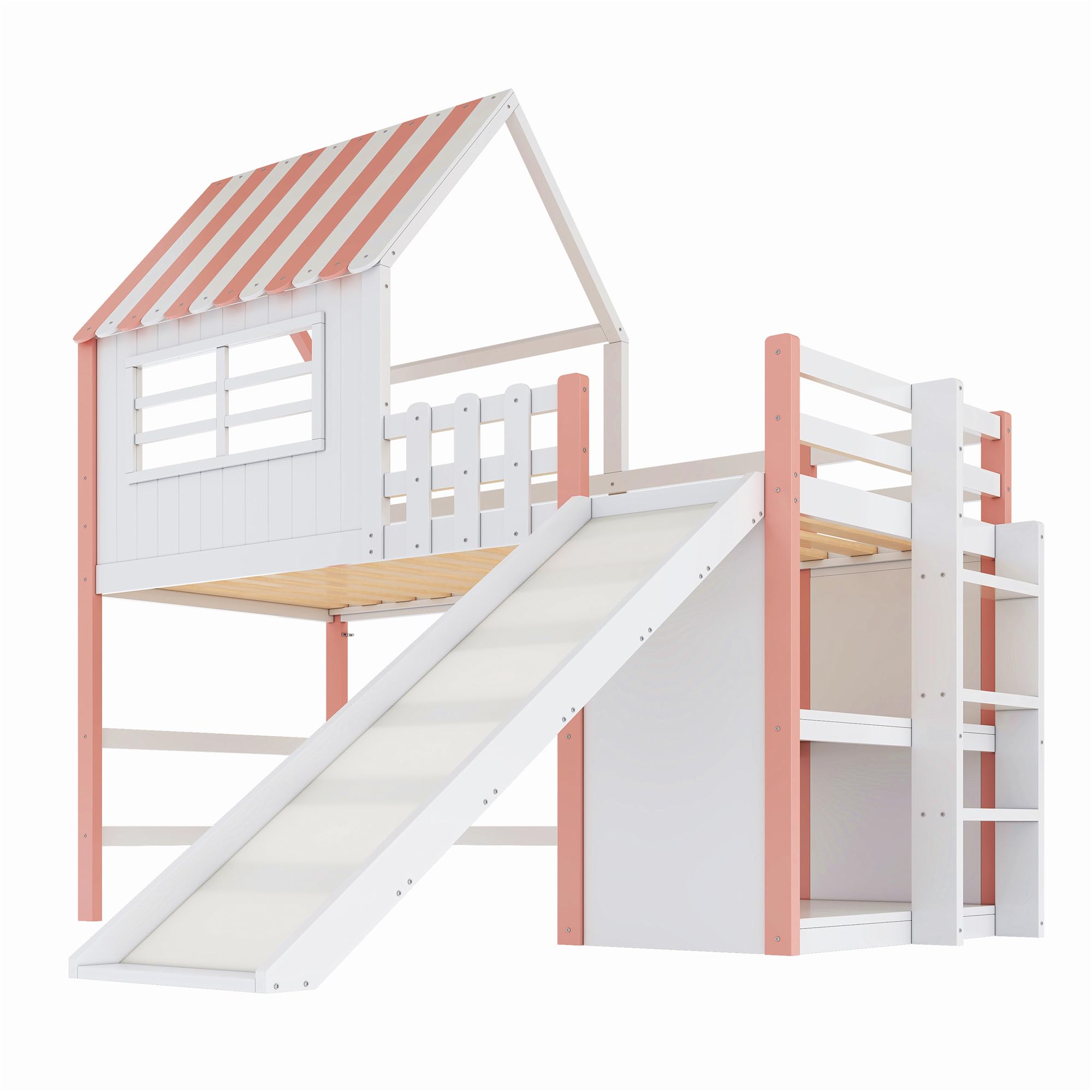 Dolamaní Kinderbett Etagenbett 90x200 cm mit Stauraum Regal und Rutsche, Hochbett mit Rausfallschutz, Holzbett mit Lattenrost, Hausbett mit Dach eines Hauses ohne Matratze (Rosa)