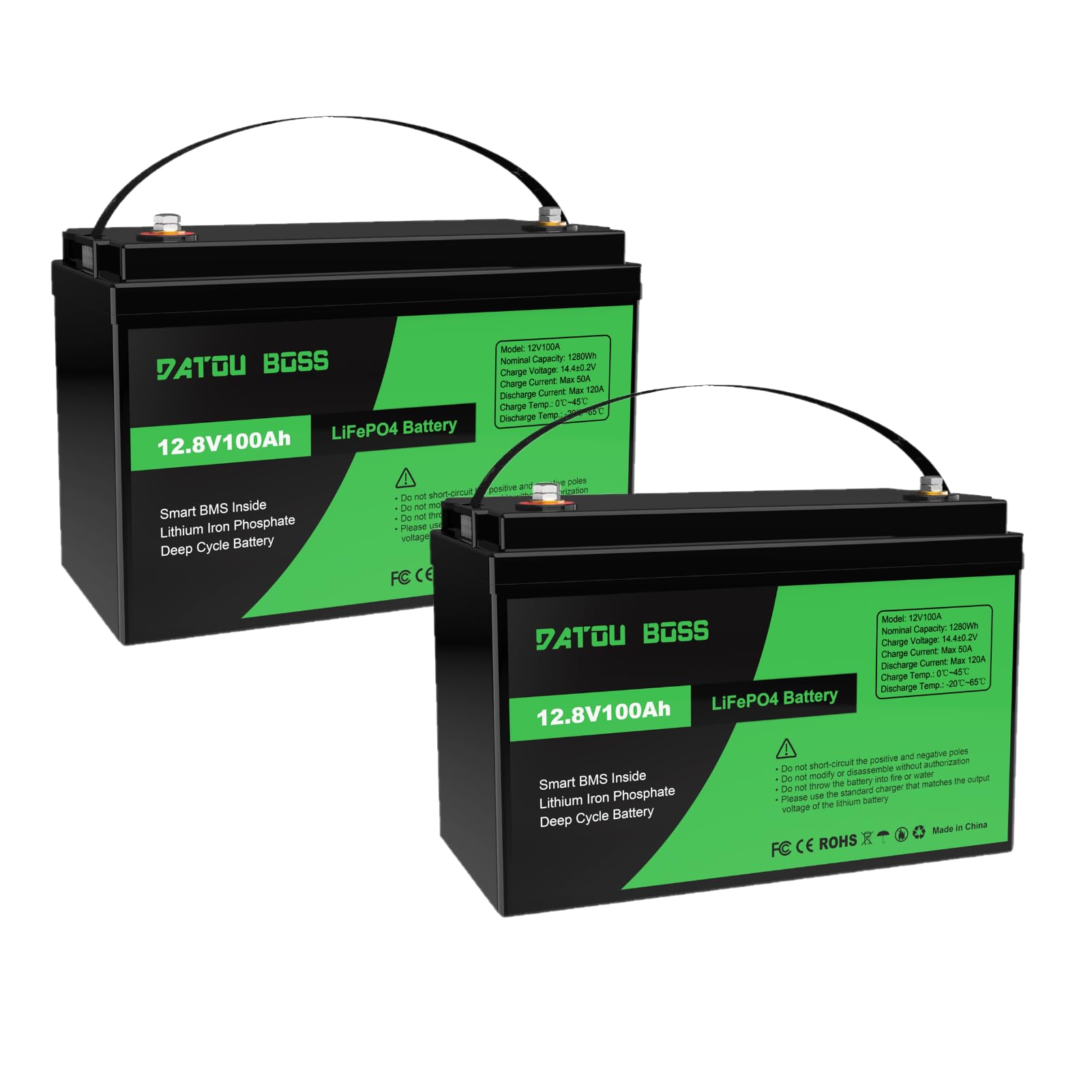 DATOUBOSS 2*Batteria al litio 12V 100Ah LiFePO4, BMS integrato 100A, fino a 8000-15000 cicli, uscita massima 1280Wh, perfetta per camper, pannelli solari, caravan, barche,Sistemi fuori rete