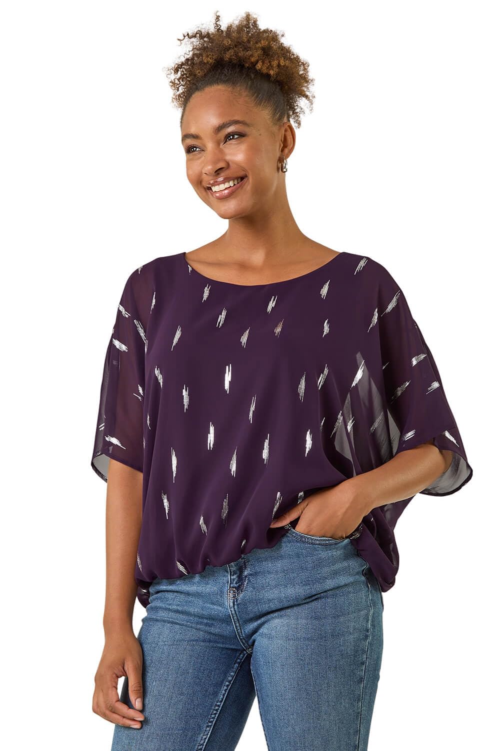 Roman Women's Foil Print Bubble Hem Top in Purple | Size: 10