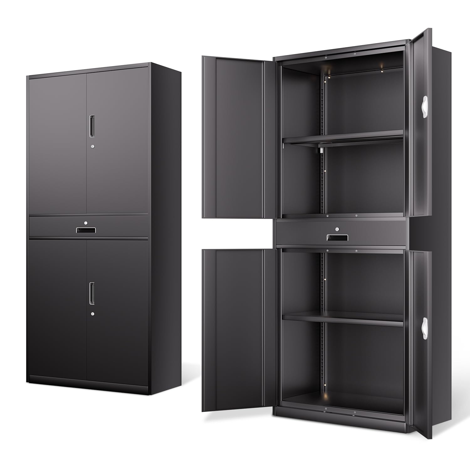 Photo 1 of FACTORY SEALED
DNA Motoring 71'' Metal Storage Cabinet, Locking Tool Cabinet with 1 Drawer and Adjustable Shelves, Lockable Heavy Duty Metal Locker for Garage,Office,Home,Gym, Black, TOOLS-00629-BK-BK-A
