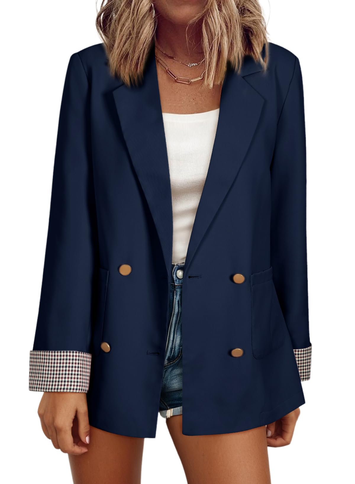 Happy Sailed Womens Blazers Plaid Cuff Double Breasted Open Front Business Casual Office Suit Jackets Work Outfits