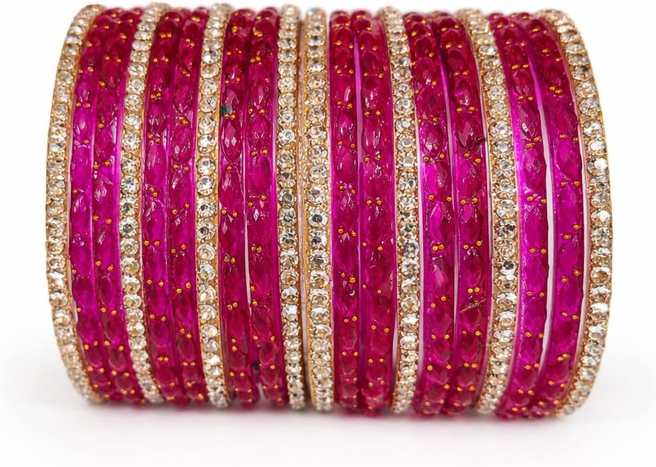 Rani Pink Crystal Stone Studded Bangles for Women | Set of 20 | Premium Bridal Chudi | Fancy Indian Ethnic Bangle Set