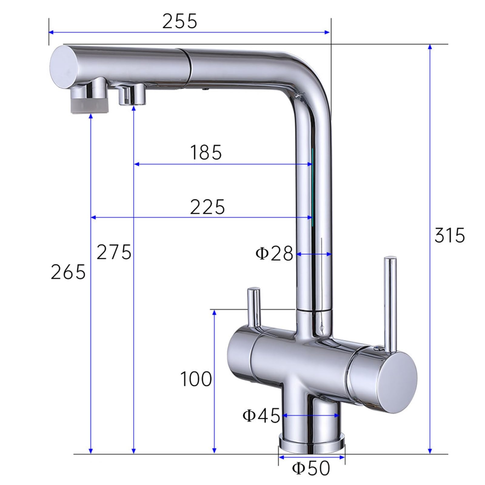 Küchenarmatur mit schwenkbarem Auslauf für Trinkwasser und Filtration