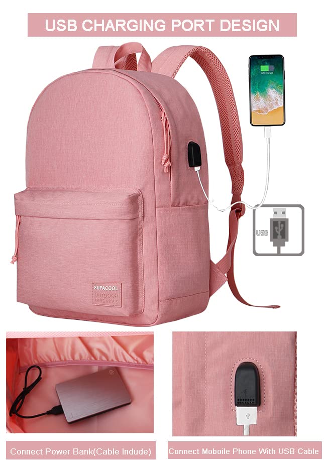 Image of SUPACOOL Casual Laptop Backpack for Men and Women, Backpack for College, USB Charging Port, Lightweight Pack Back(Pink)