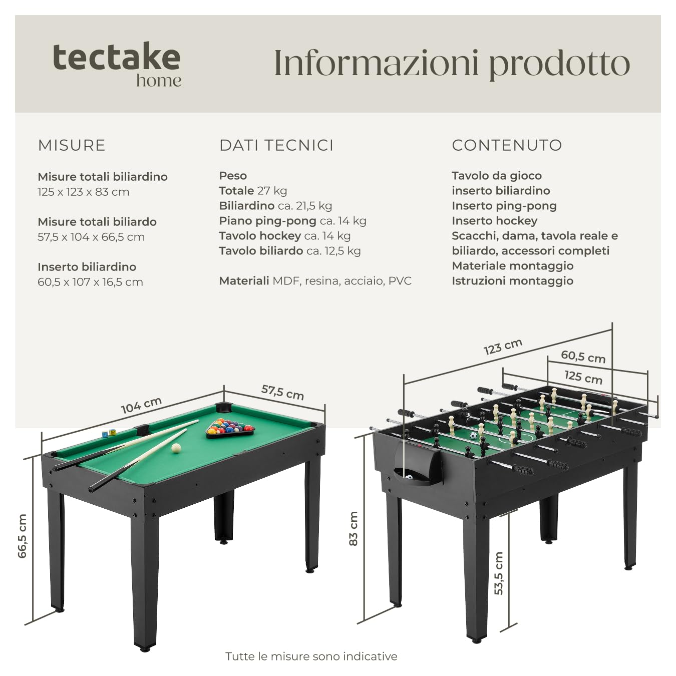 tectake® Tavolo Multigioco SirGameALot 15 in 1 Giochi da Tavolo, con Accessori, Struttura in MDF Resistente, 6 Superfici Autonome Impilabili, per Biliardo, Palline Ping Pong, Calcetto, Calcio Balilla