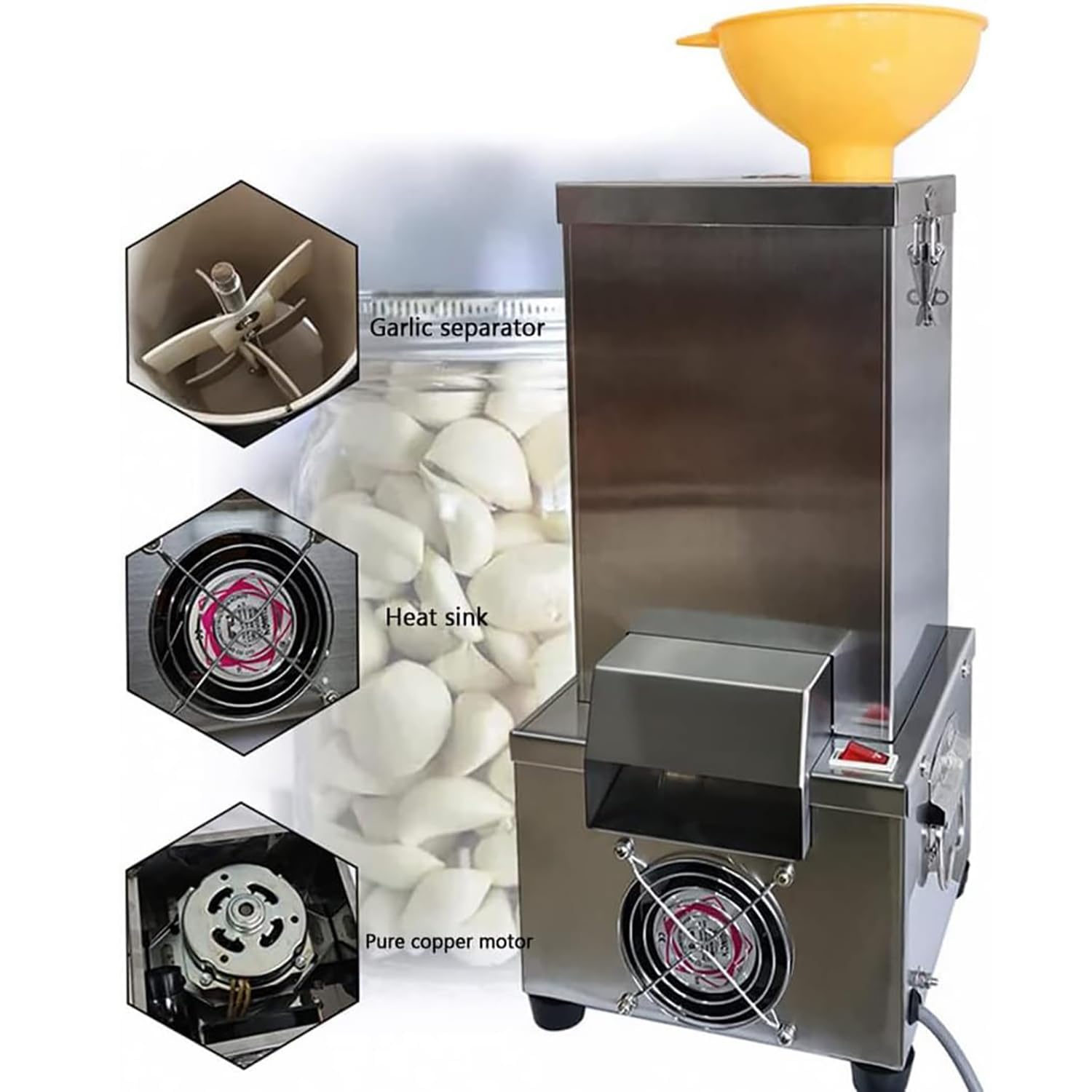 Éplucheur d'ail électrique commercial, 20-25 kg/h, corps en acier inoxydable, rapide et économe en main-d'œuvre, amovible pour le nettoyage