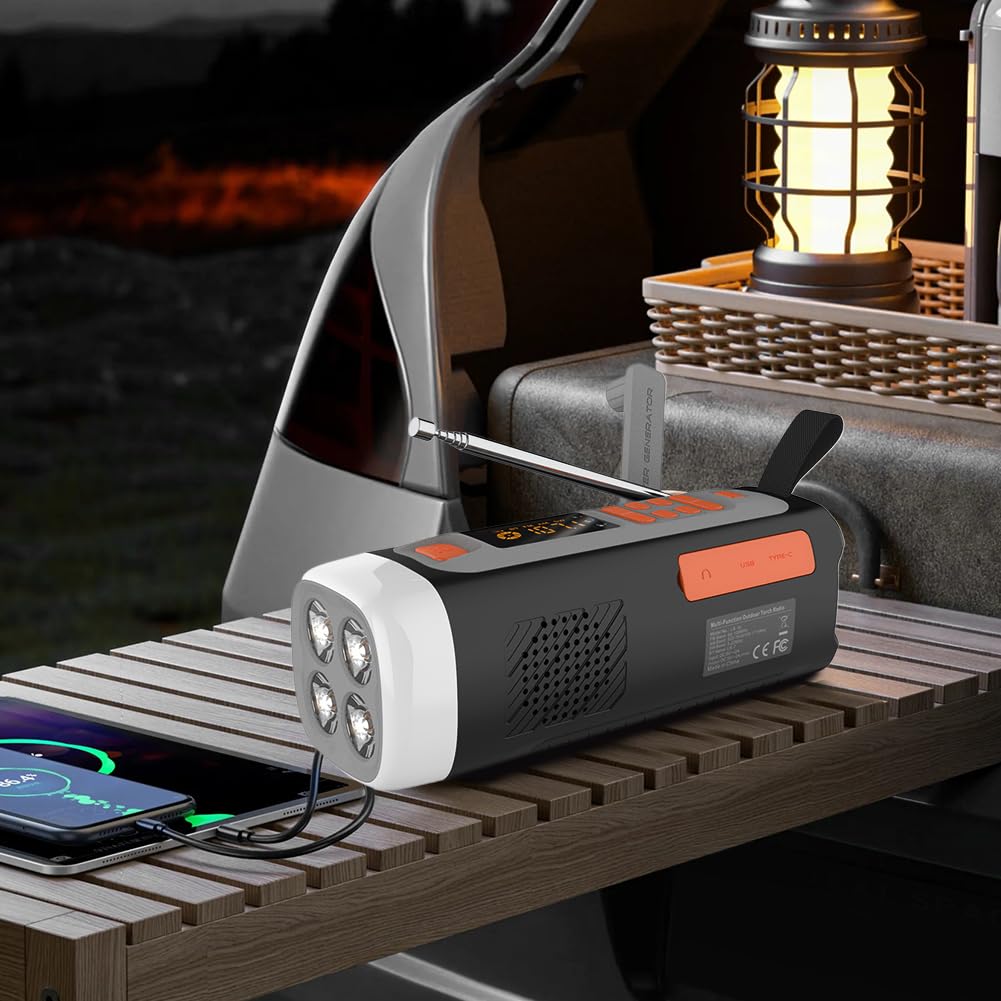 Radio de Emergencia 4500mAh Am/FM/SW con Altavoz BT, Carga USB-C/Solar/Manivela, Batería, Linterna, Alarma SOS y Conector para Auriculares