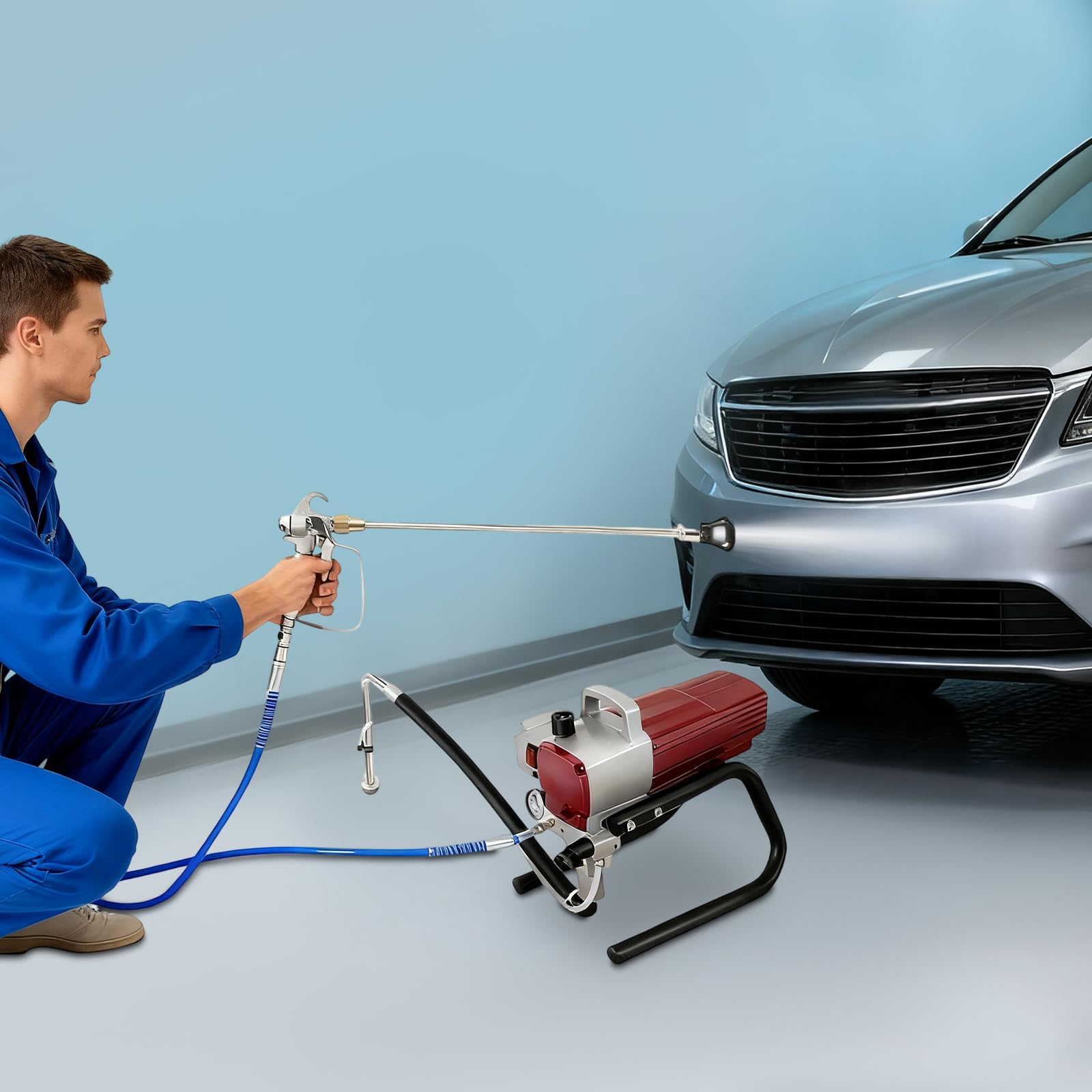 Airless - Pulverizador de pintura (1800 W, sistema de pulverización con manguera de alta presión de 9 m y pistola de pulverización, pulverizador de pintura para fachadas, techos y terrazas, flujo