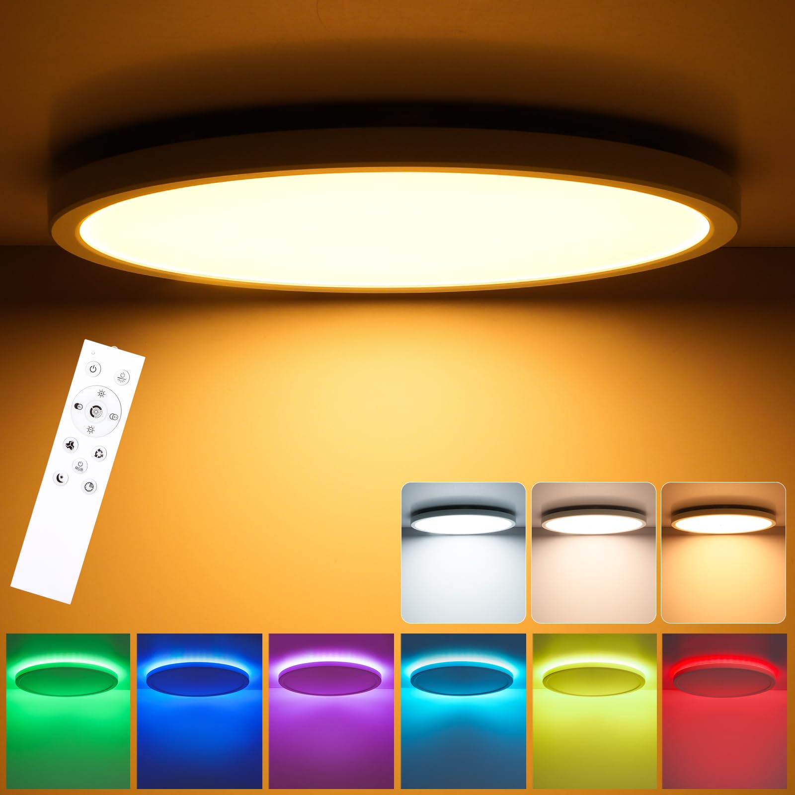 Oraymin Plafonnier LED à intensité variable avec télécommande, 24W plafonnier RGB changement de couleur rond, 3000K-6500K lampe éclairage de plafond pour chambre cuisine salon corridor balcon Ø30CM