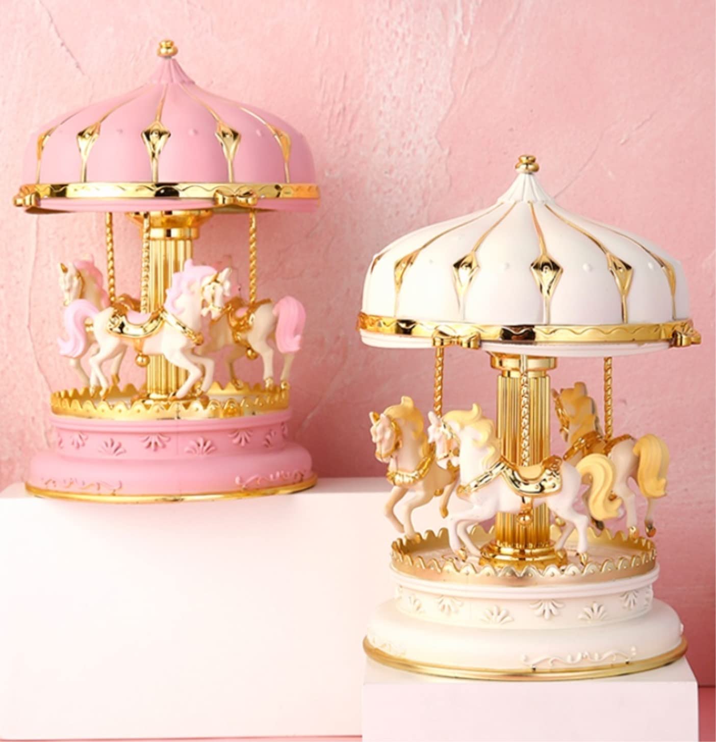 Carillon Scatola Musicale Carillon Rotondo A Giostra in Plastica Creativa, Luminoso, di Lusso, da Sogno, A 3 Carillon di Compleanno Carillon Regalo di(Pink)