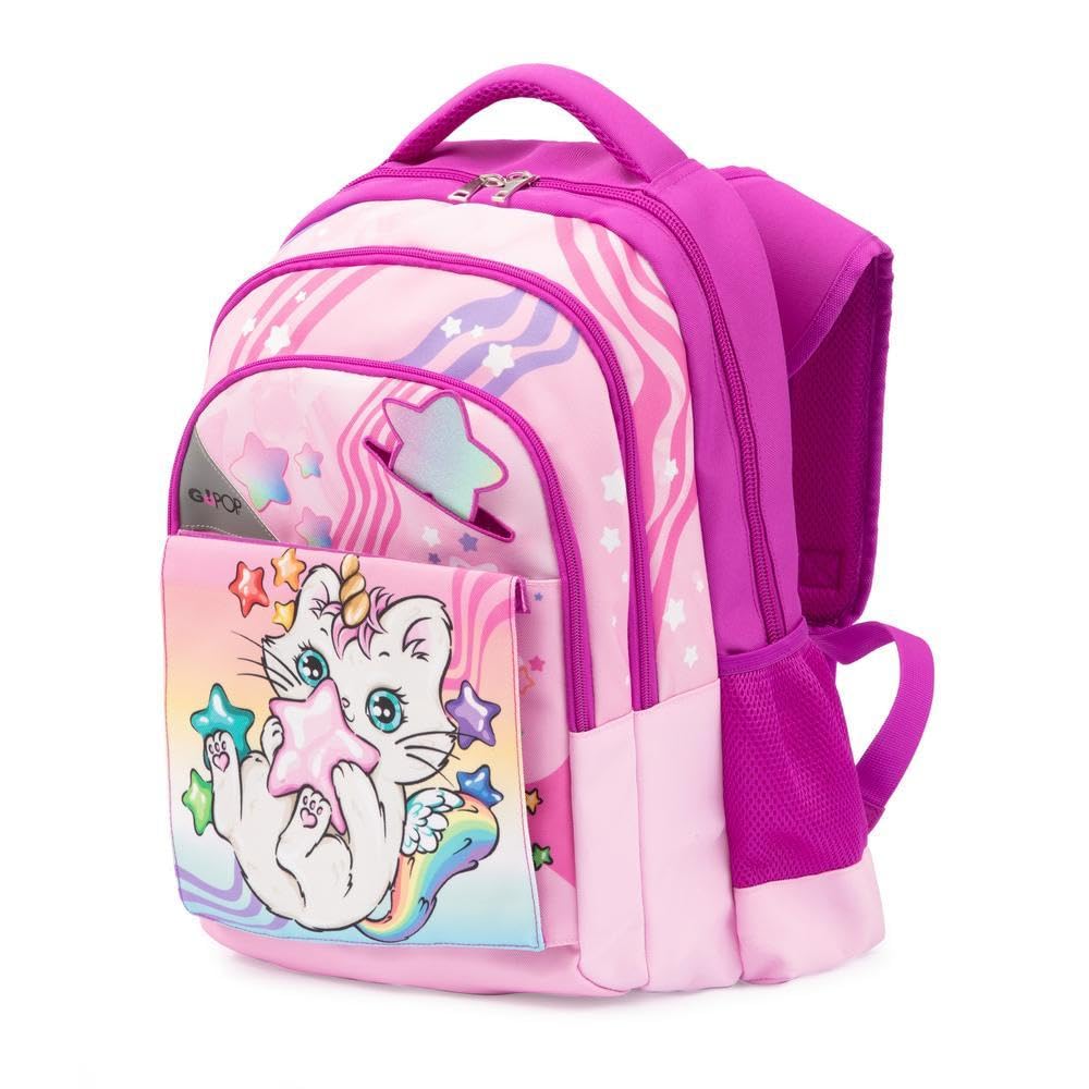 Go Pop - Zaino Modello Meowcorn, 3 Scomparti,Tasche Interne E Laterali Porta Borraccia, Schienale E Spallacci Imbottiti, Con Fascia Personalizzata E Pop Up, Lt 24, Dim 32x44x19, Scuola Elementare