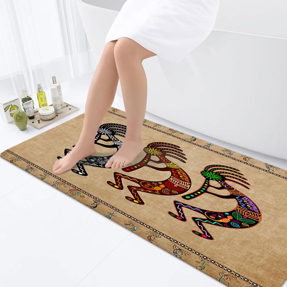 JAWO Southwestern Bathroom Rug - Ethnic Tribal Kokopelli Design, Geometric Retro Abstract Art, Memory Foam (19x31 inches), Brown