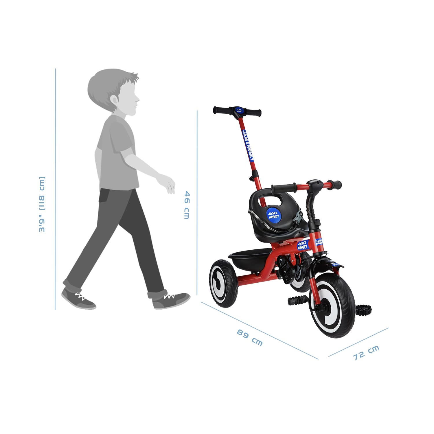 Amazon Brand - Jam & Honey Tricycle for Kids | Seatblet, Parental Handle, & Storage Basket | ISI & BIS-Compliant | for Boys and Girls 2 to 4 Years | 73 x 46 x 90 cm | Red - Image 7 thumbnail