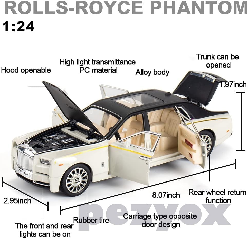 Image of 1 /24 Rolls-Royce Phantom Model Car,Zinc Alloy Pull Back Toy Diecast Toy Cars with Sound and Light for Kids Boy Girl Gift (White)