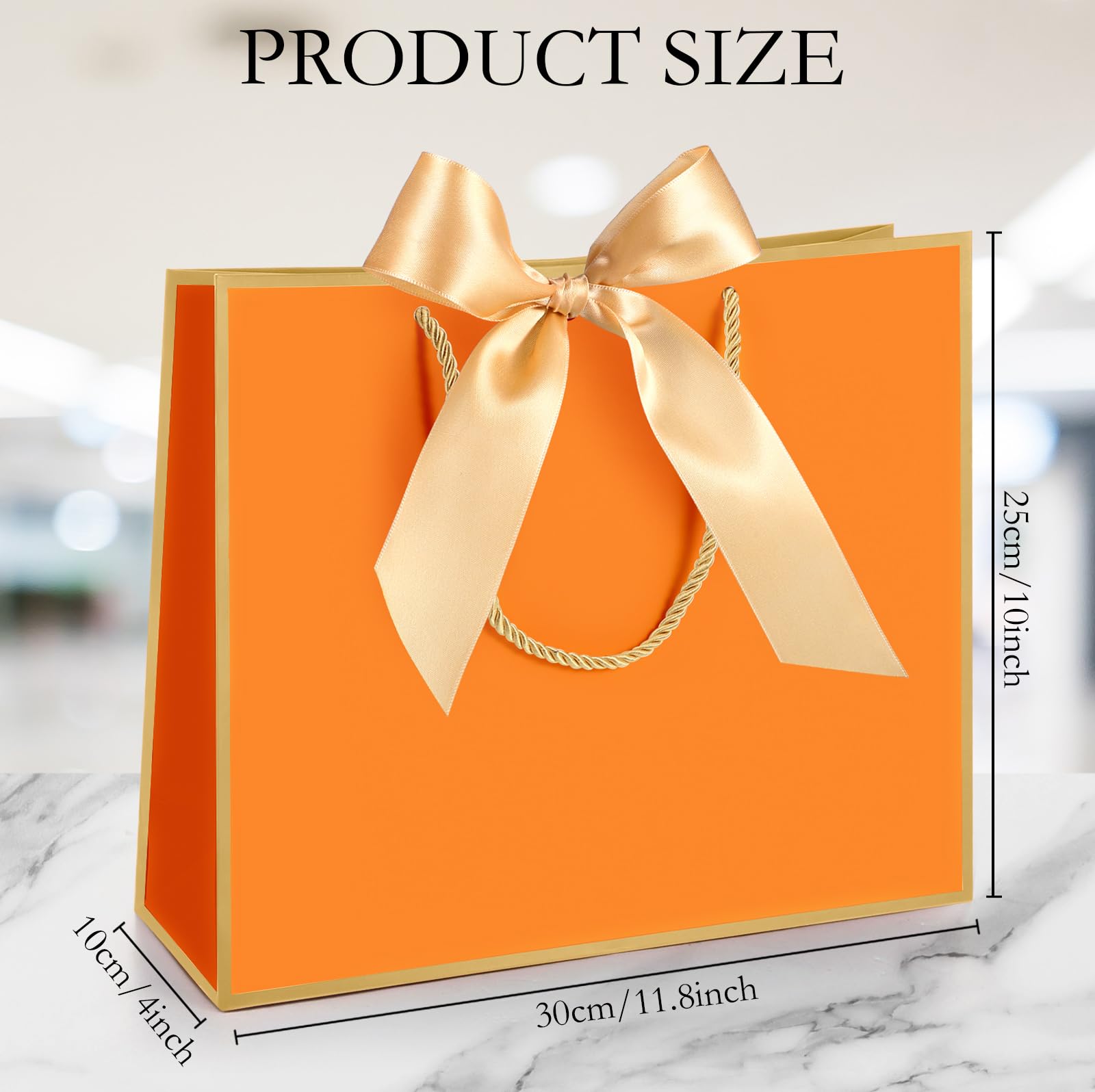 Silkfly 12 Pcs Gift Bags with Handles for Bridesmaid, 12x10x4'' Wedding Welcome Elegant Gift Bags with Bow Ribbon for Graduation Groomsmen Women Baby Shower Birthday Housewarming (Orange,Gold)