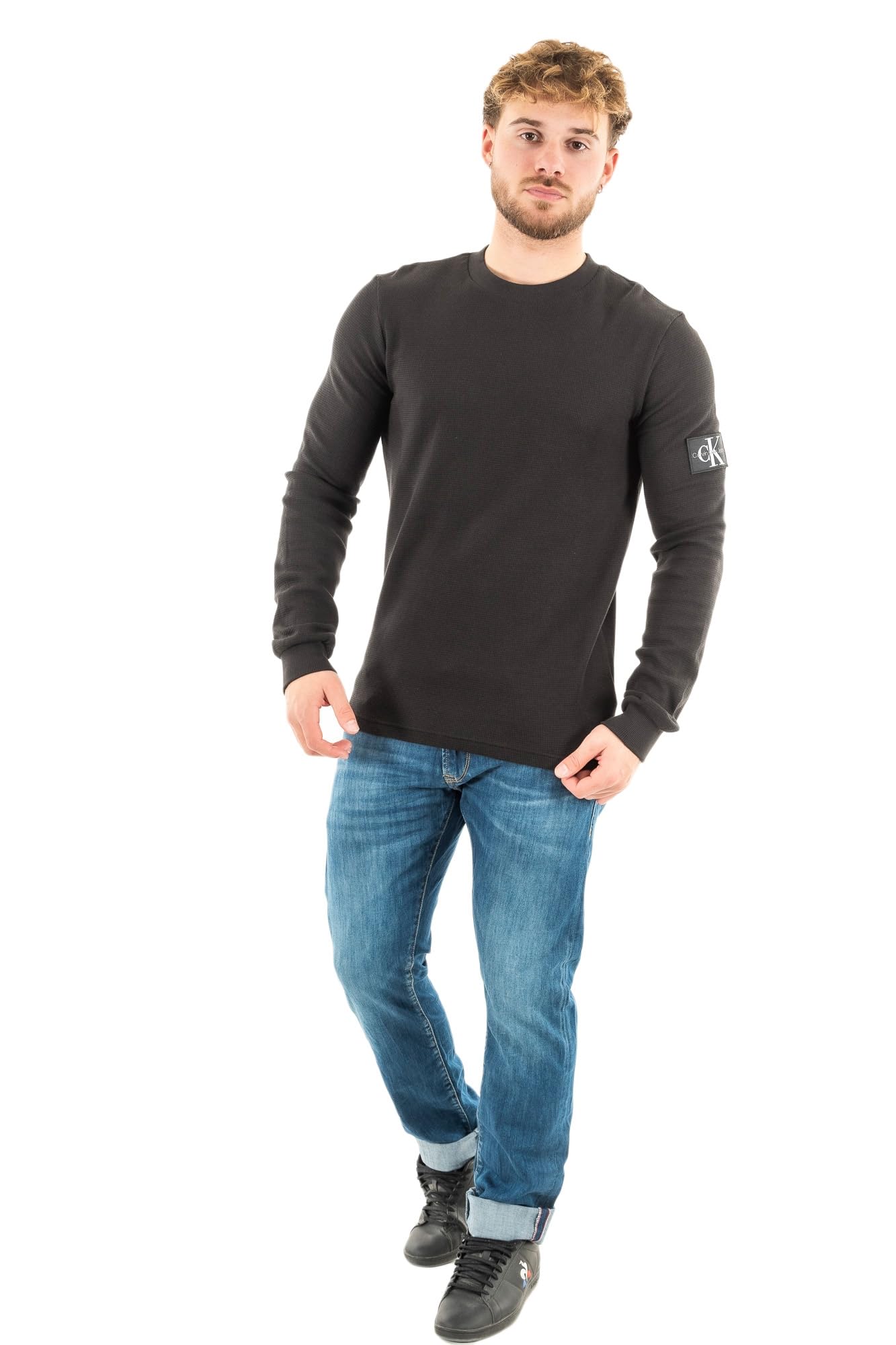 Calvin Klein Jeans Men Long-Sleeve T-Shirt Badge Waffle LS Basic, Black (Ck Black), XXS