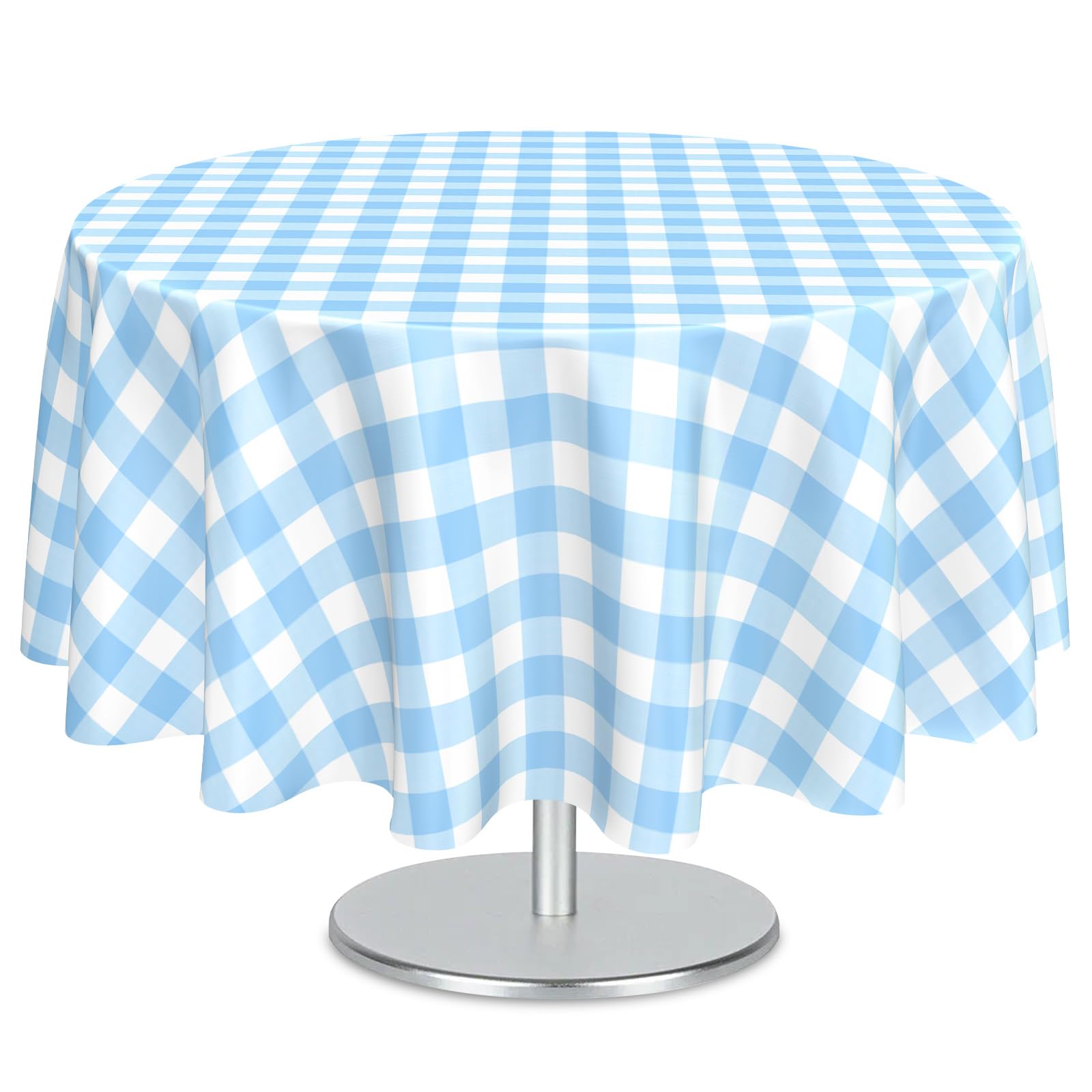 Mulbozy 2 Pcs Light Blue Gingham Round Plastic Tablecloth Disposable