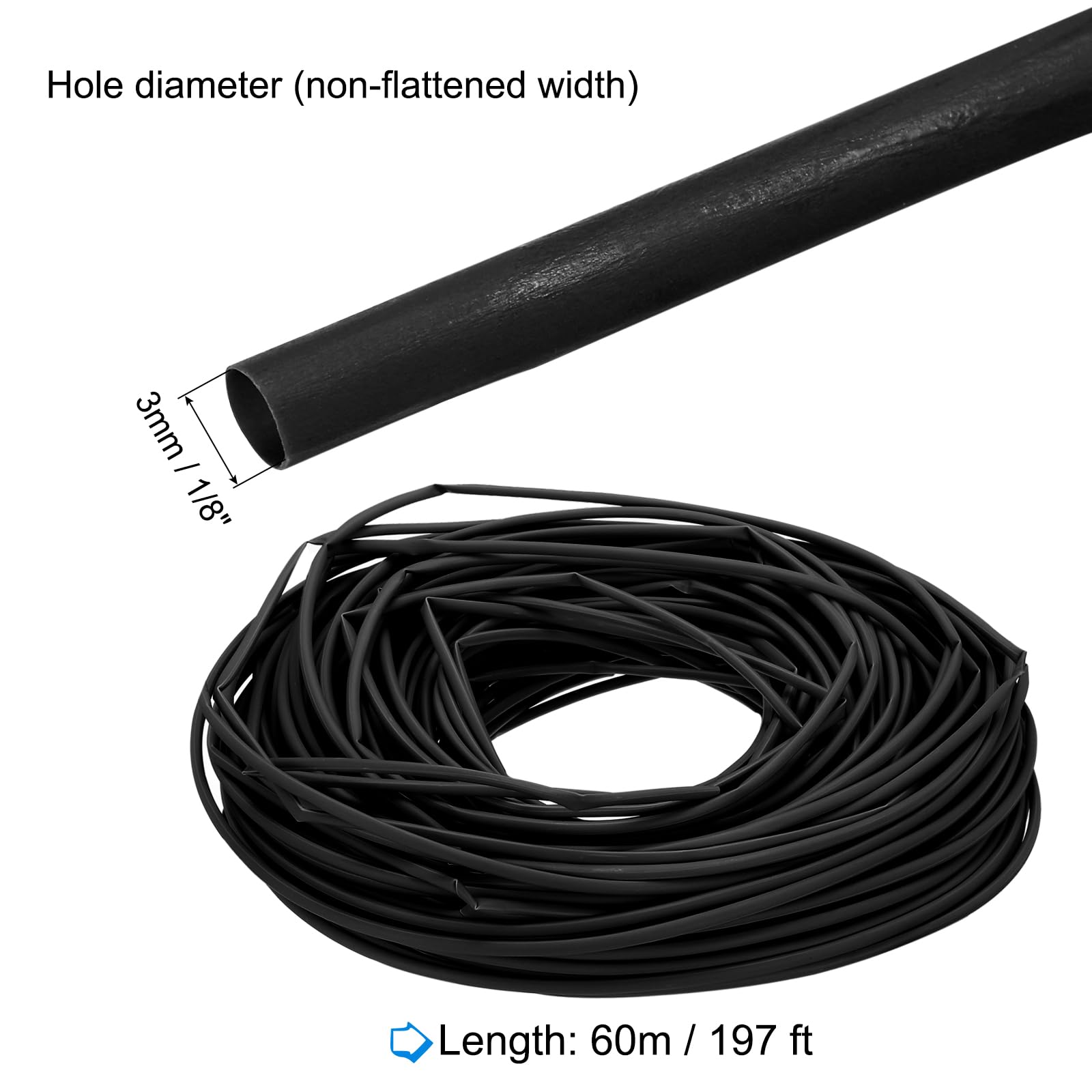 Guaina termorestringente, diametro interno 1/24", lunghezza 75,9 m, rapporto 2:1, poliolefina, guaina termorestringente per isolamento dei cavi elettrici, gestione dei cavi, nero