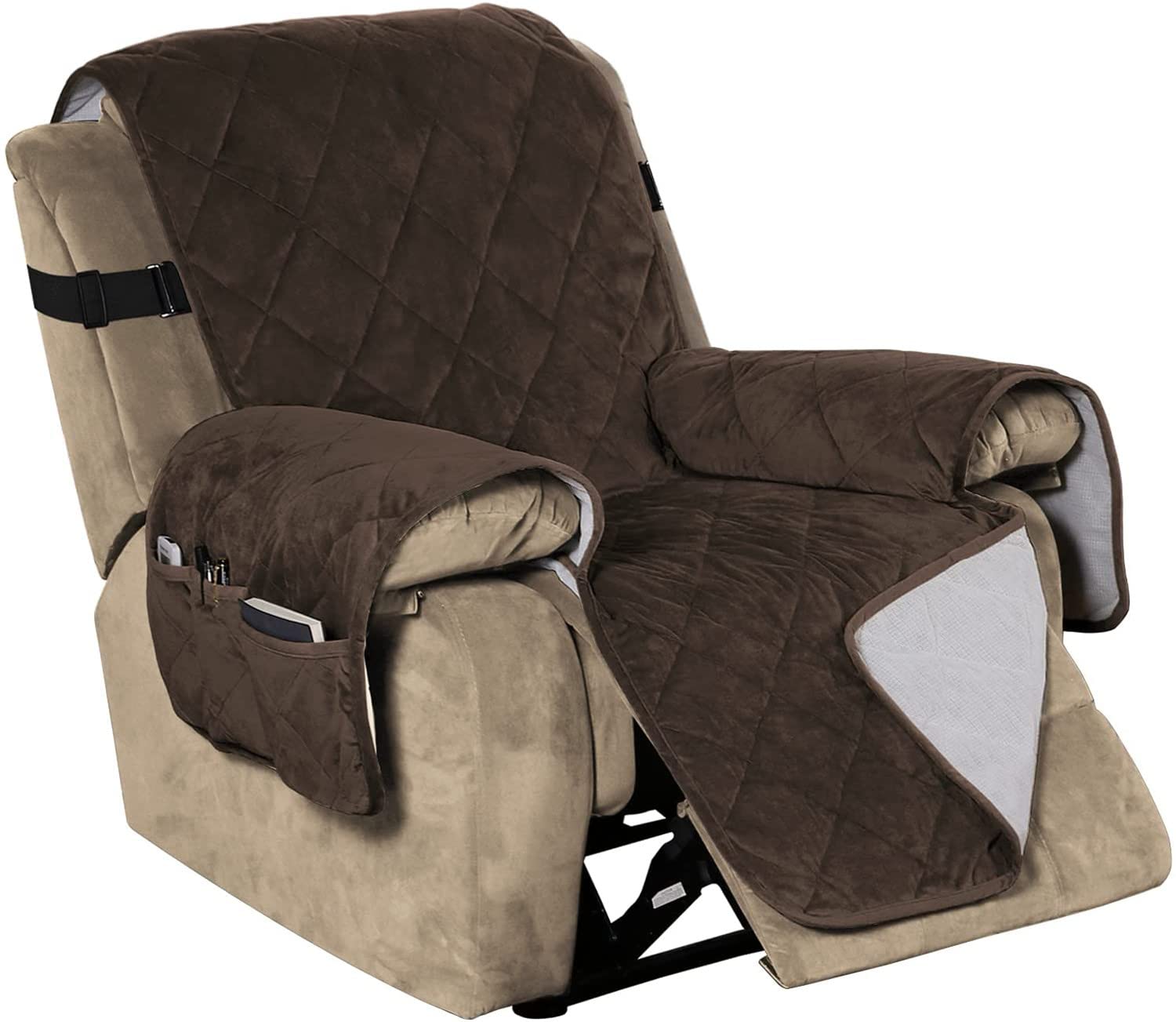 Funda reclinable de terciopelo para sillas de 28 pulgadas, antideslizante, suave, acolchada, con correa elástica más ancha, protección de tapicería marrón para muebles reclinables