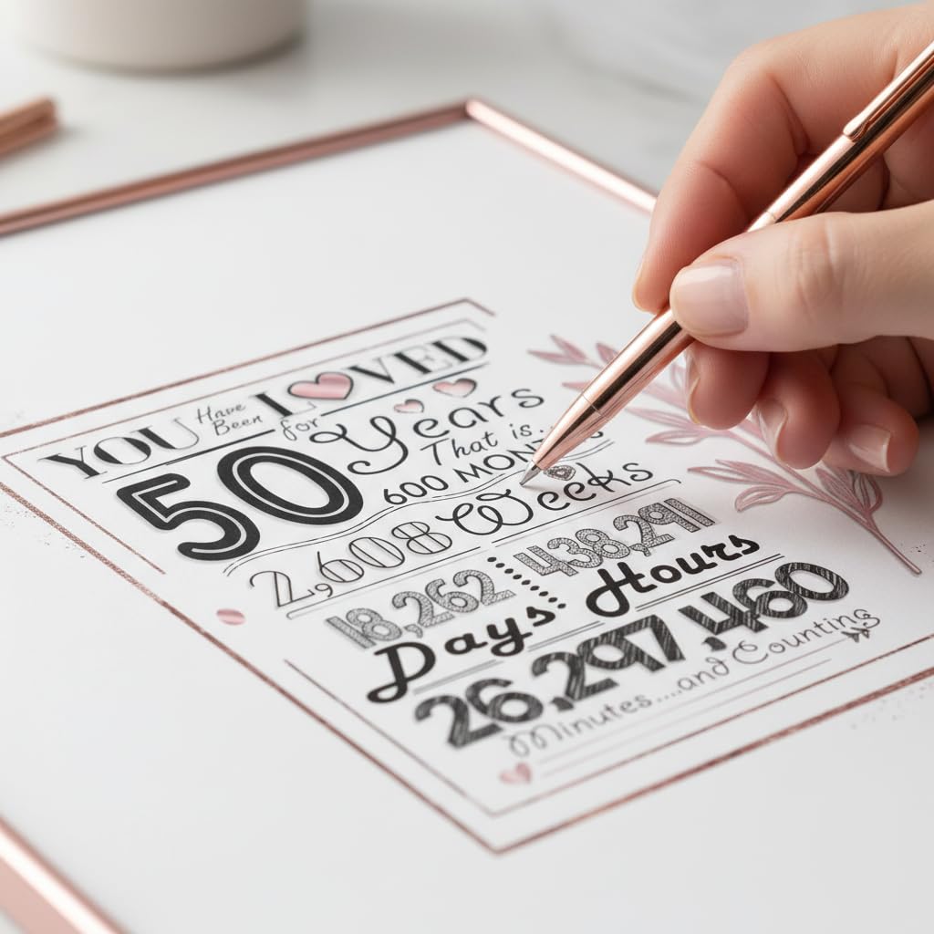 Oprawiona 50. księga gości alternatywa 30 x 40 cm - dekoracje na 50. urodziny dla kobiet - gotowa do powieszenia i postawienia aluminiowa rama w kolorze różowego złota - długopis w zestawie, prezenty