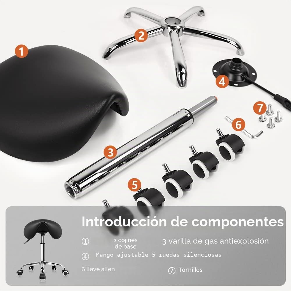 KKTONER Taburete Tipo Silla de Montar, Altura Ajustable 45-61cm, Giratorio 360° con Ruedas, Taburete de Oficina sin Respaldo para Estética, Peluquería y Hogar Negro
