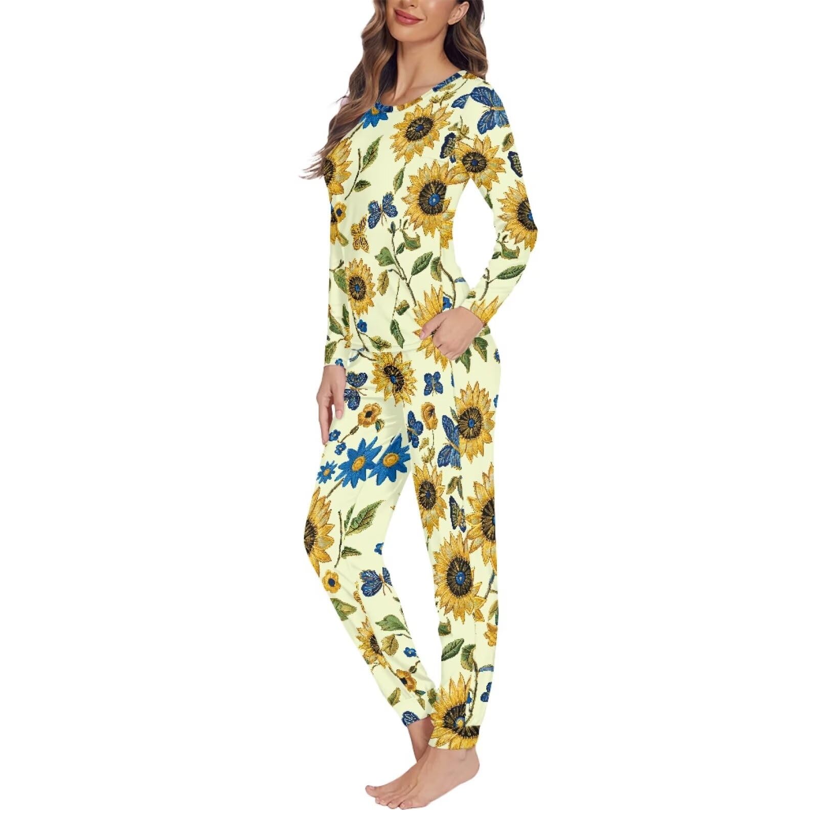Biyejit Conjunto de pijama vintage de girasol para mujer, manga larga, cuello redondo, ropa de dormir casual con bolsillos para fiesta de pijama, hogar, 2 piezas XS-6XL, Girasol vintage, 6XL
