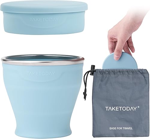 TakeToday Taza de viaje plegable de 8 onzas, taza de agua plegable de silicona, sin BPA con tapa y bolsa impermeable, juego de vasos para beber para