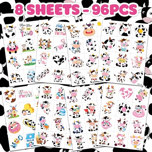 Image of 96 PCS Cow Pre-Cut Temporary Tattoos for Kids | | Cute Farm Animal Themed Birthday Party Favors, Supplies, Decorations, Fake Tattoo Stickers, Rewards & Gifts Boys & Girls