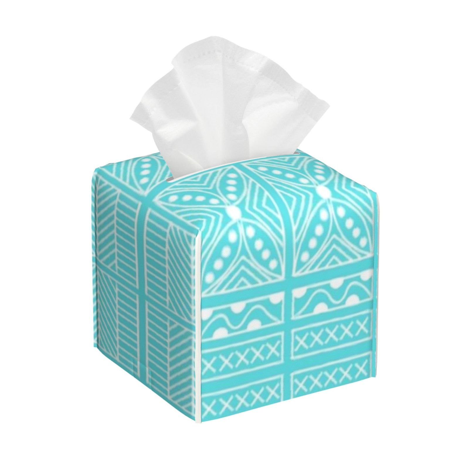 Aqua Geometric Hawaiian Tissue Box Cover 5" Square Leather Tissue Holder Facial Tissue Case for Tabletop Bedroom Bathroom Desk Decor