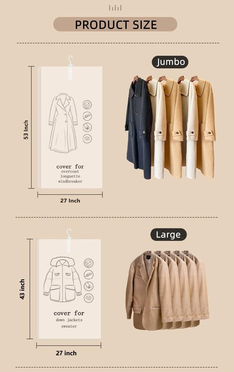 Elebac Lot de 6 longs sacs de rangement sous vide pour vêtements, sacs de rangement sous vide pour manteaux, sacs de compression pour vêtements de placard