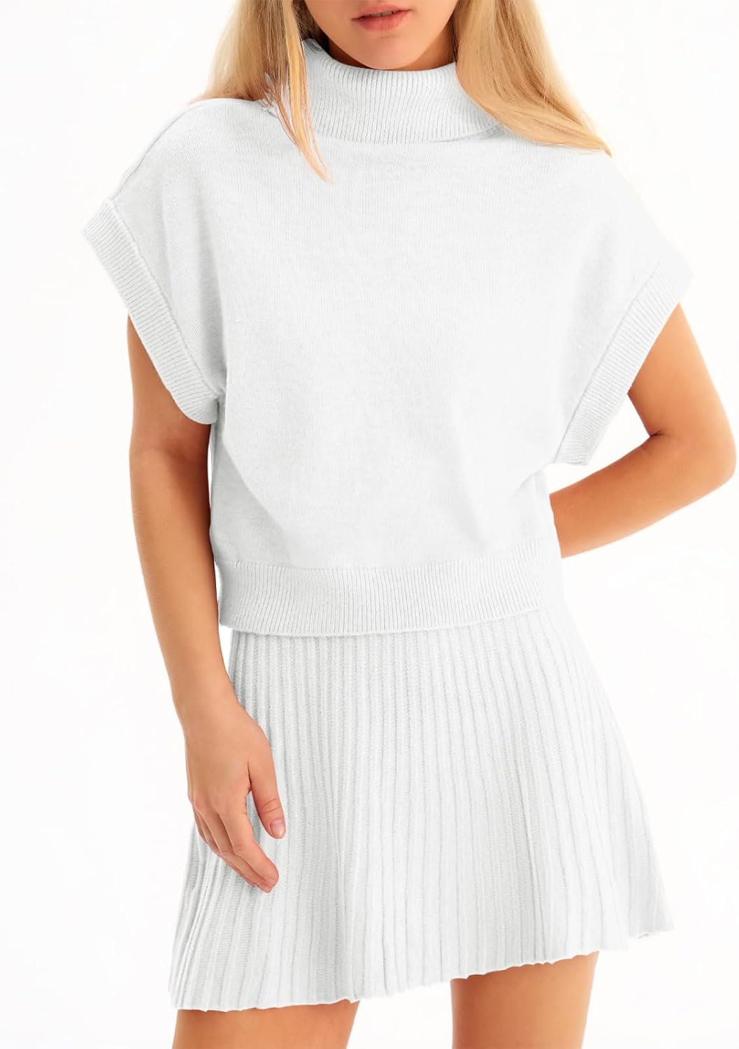 Tankaneo Womens Skirt 2 Piece Sets Sweater Set 2025 Turtleneck Cap Sleeve Crop Top and Pleated Mini Skirt Travel Outfits - Image 2