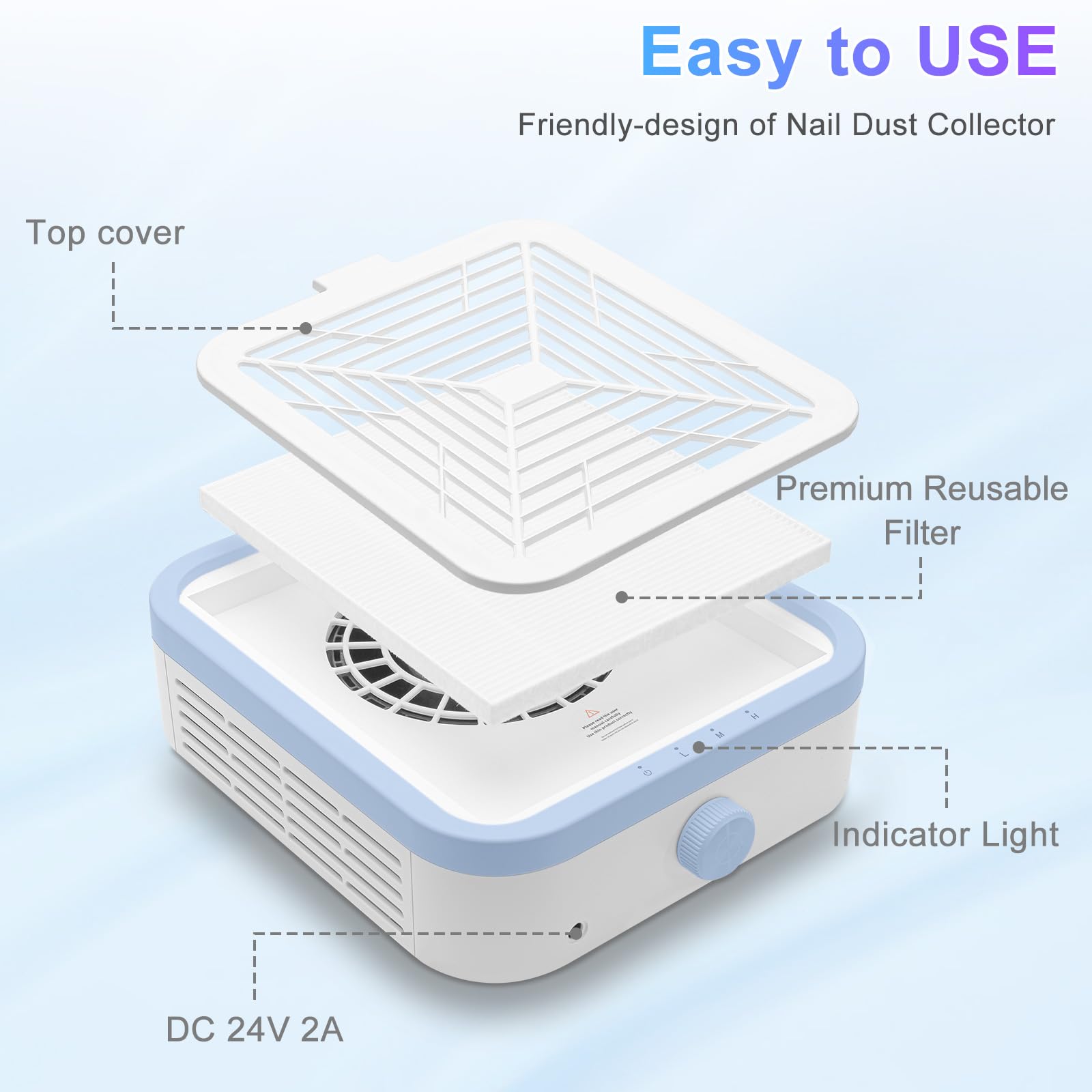 CGBE Extractor de Polvo de Uñas, 120W Extractor de Polvo de Uñas con 2 Filtros Potente Extractor Profesional de Polvo de Uñas y Aspirador Doméstico. (WL007) (Blue)