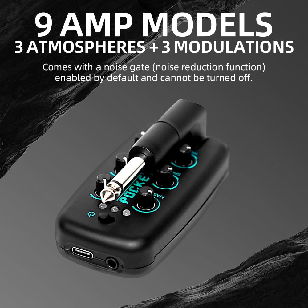 EROK Amplificatore per cuffie per chitarra con 9 toni di simulazione, effetti tascabili portatili ricaricabili tramite USB, con funzione wireless, supporto registrazione OTG