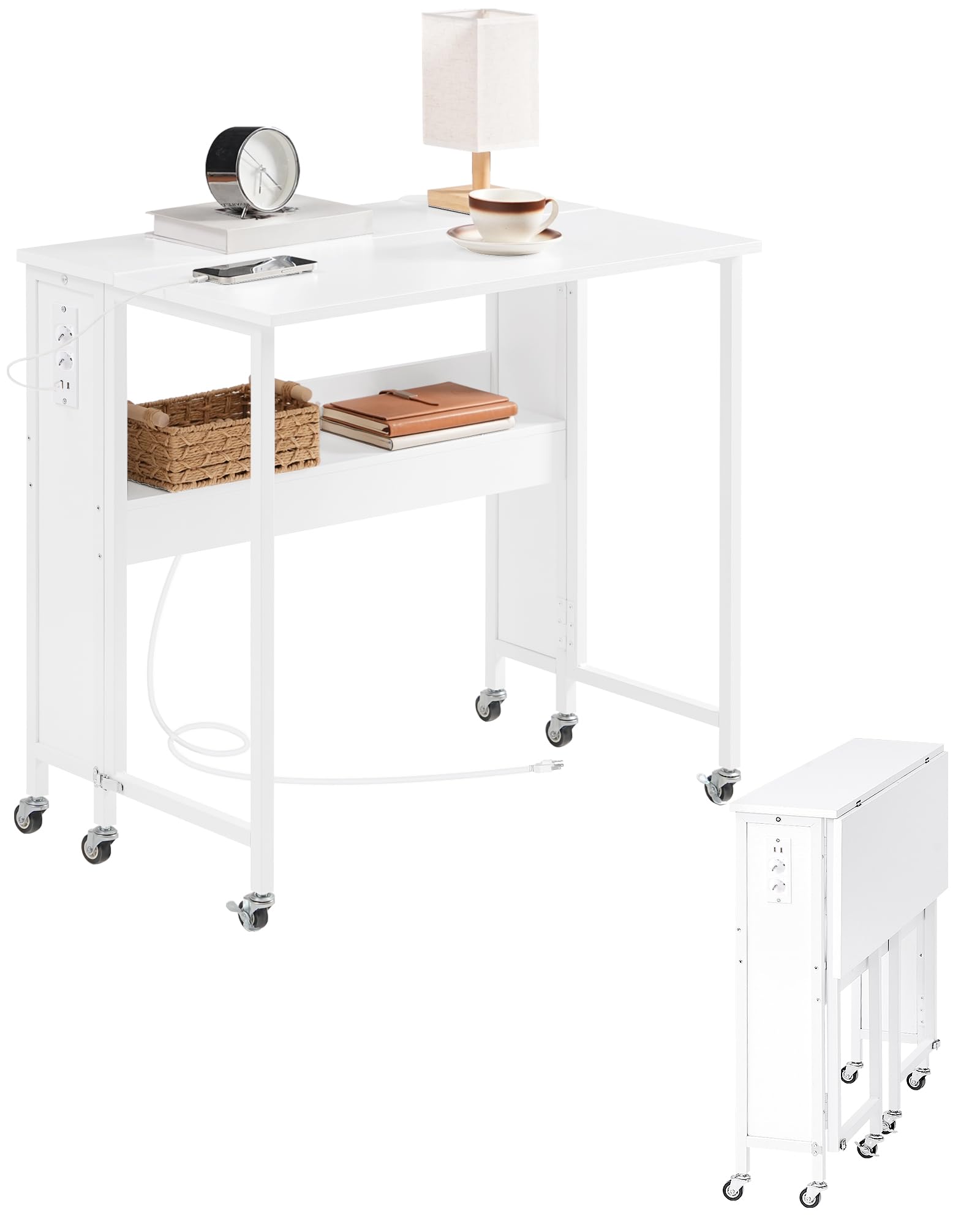 CHOEZON Tavolo pieghevole per computer con ruote, piccolo tavolo pieghevole con base di ricarica, 80 cm, scrivania pieghevole per piccoli spazi, soggiorno, camera da letto, bianco DTDN01CWB