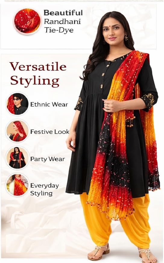 Image of PK HUB Women's Jaipuri Rajasthani Bandhani Dupatta | Art Silk Bandhej Dupatta with Gota Patti Work & Tassels (Free size)