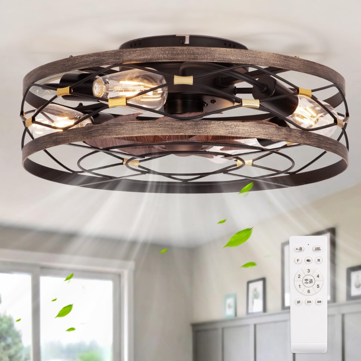 Caged Flush Mount Ceiling Fan with Lights, Farmhouse Rustic Bladeless Ceiling Fans with Lights and Remote, Low Profile Small Fandelier Ceiling Fan with Light for Bedroom, Kitchen, Black