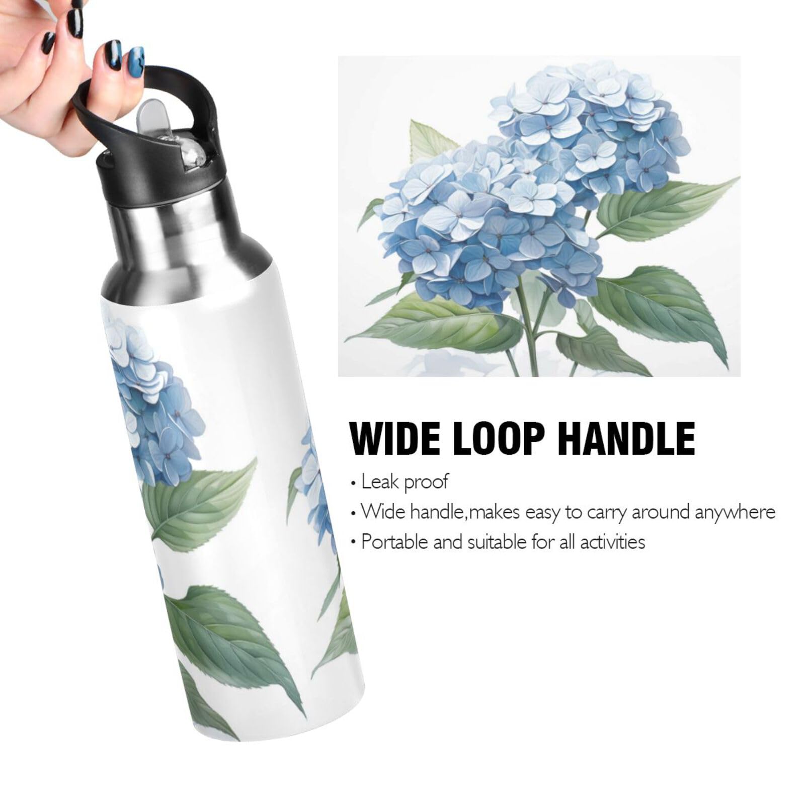 ALAZA Hydrangea Flowers Wasserflasche mit Strohhalm-Deckel, vakuumisolierte Edelstahl-Thermoflasche, 900 ml