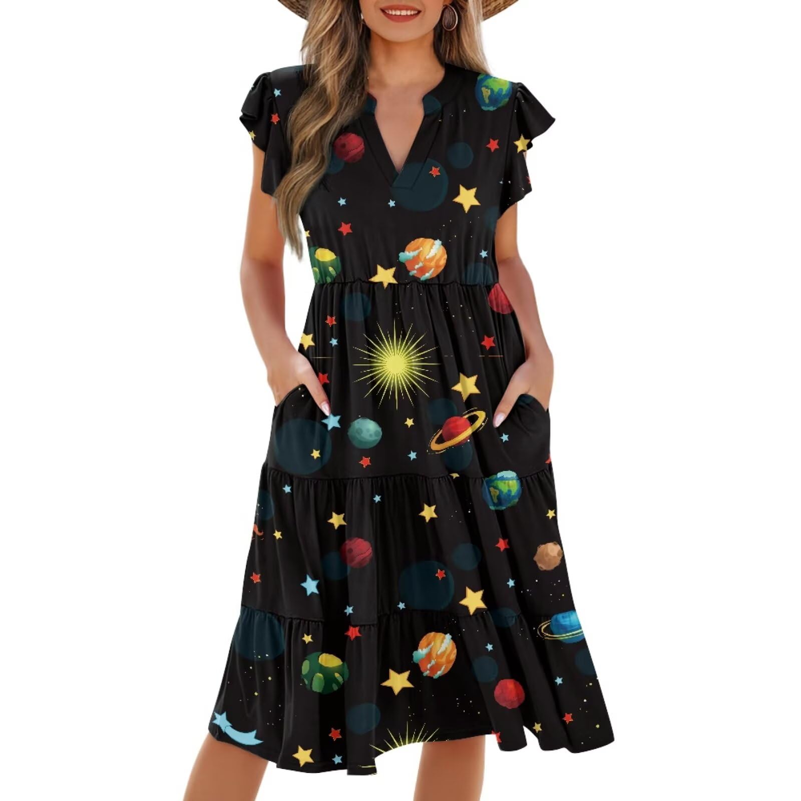 Womens Summer Dress Ruffle Sleeve V Neck Dress Casual Fit Flowy Beach Vacation Sundress with Pocket S-2XL