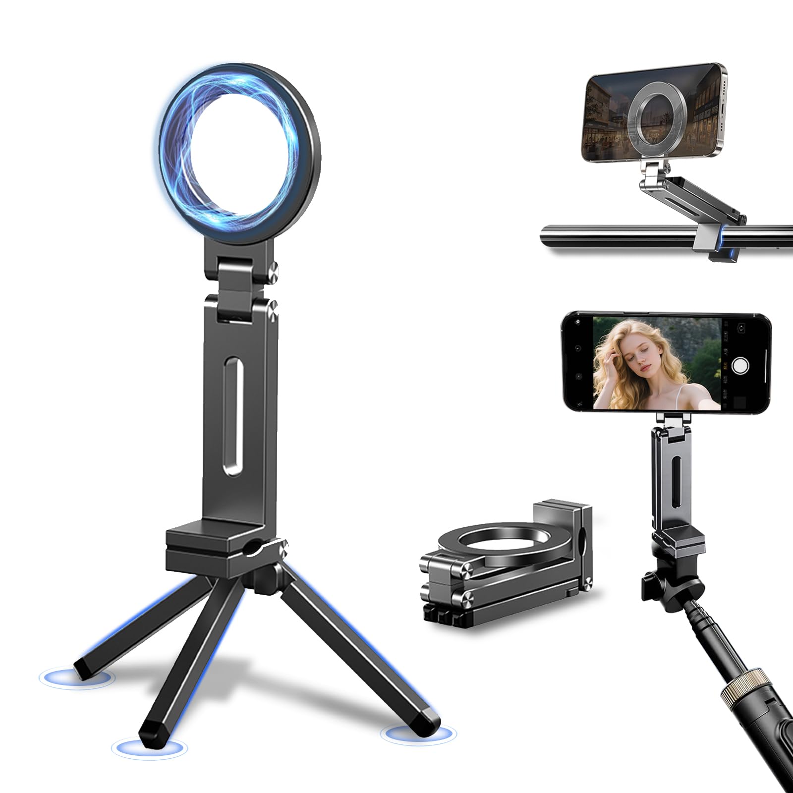 Jkoailiwi Aluminum Magnetic Tripod for iPhone 17/16/15/14 Pro Max Air, 360° Adjustable for MagSafe Tripod Mount Stand, Content Creator Phone Holder