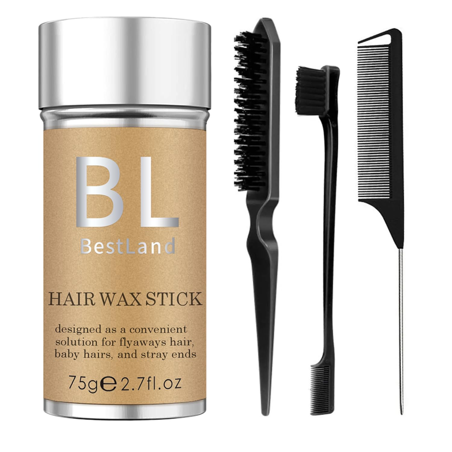 BestLand 4Pcs Hair Wax Stick 2.7oz with Edge Brush and Styling Comb Set, Strong Hold Hair Styling Wax for Flyaways, Baby Hairs, Frizz Control and Sleek Ponytails, Non-Greasy Hair Finishing Stick