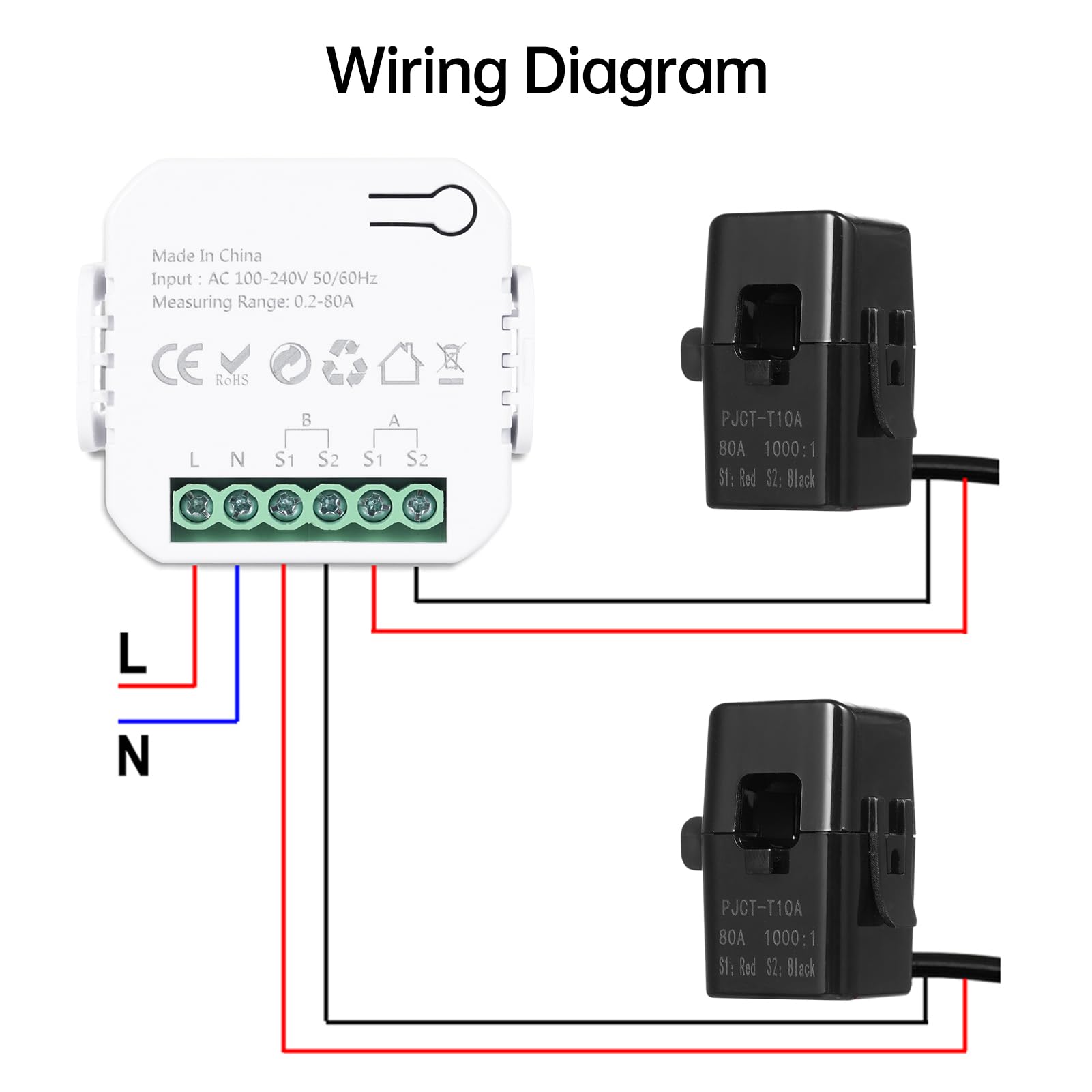 Inteligentny licznik prądu z Tuya WLAN, inteligentny dwukierunkowy monitor do wytwarzania i zużycia energii z przetwornikiem prądu 2 x 80 A CT, obsługuje monitorowanie w czasie rzeczywistym