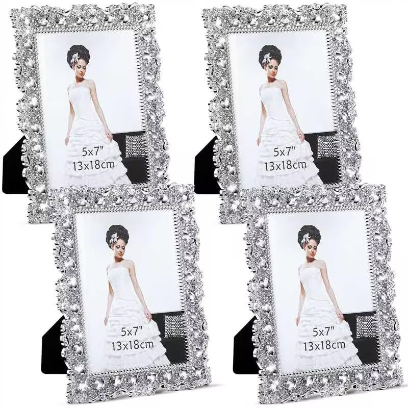 Yookeer 2 Pack 5 x 7 Inch Crystal Picture Frame Resin Wedding Photo Frame Jewel Picture with Rhinestones Photo Gift for Wedding Table Top Desktop Display
