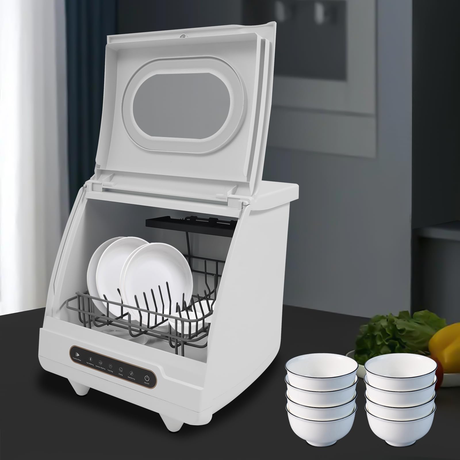 Mini lavastoviglie 800 W, 4 programmi, lavastoviglie da tavolo indipendente per 4-6 set di posate, asciugatura automatica, lavastoviglie 55-72 °C, ambiente di lavoro [classe energetica B]