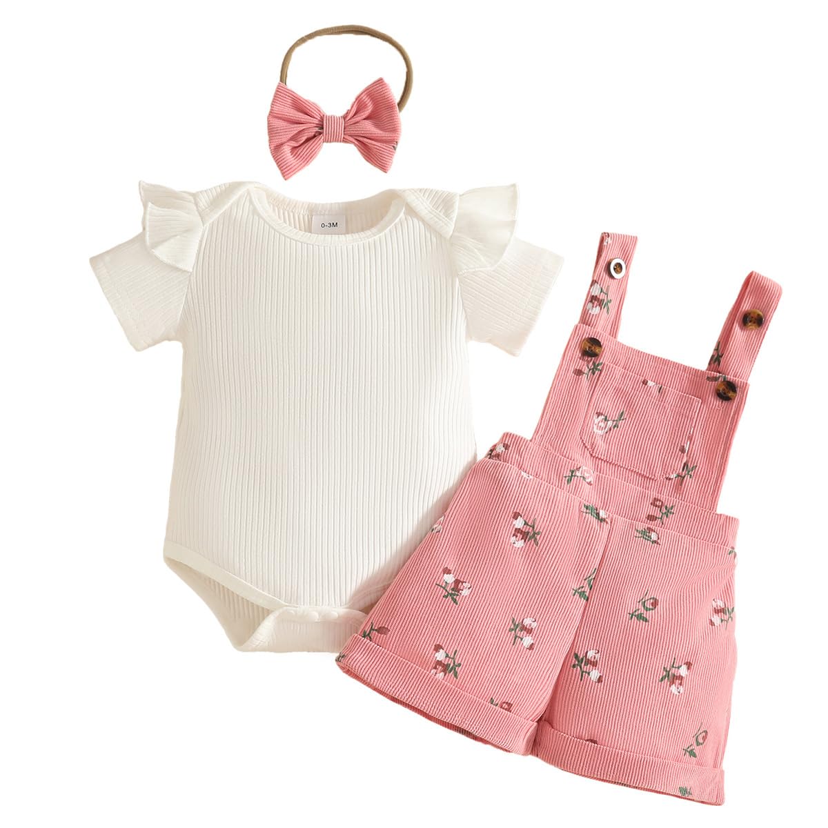 Kleinkind Baby Mädchen Sommerkleidung Rippstrick-Tops Trägerhosen mit Blumenmuster und Stirnband