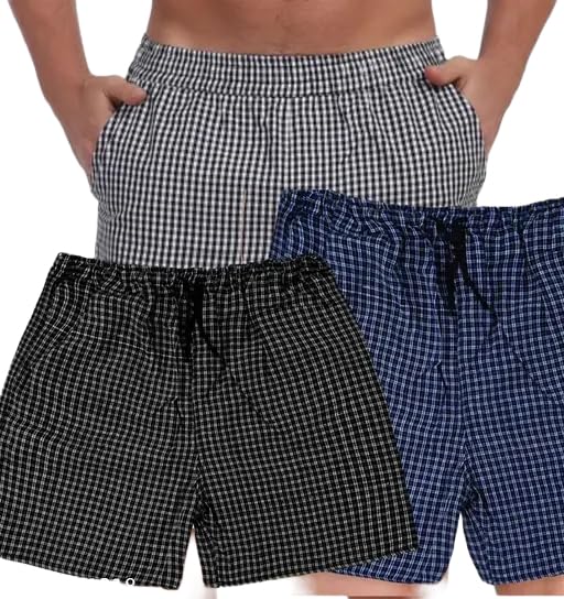 an Fabrication' Men's Cotton Elasticated Waist Drawstring Closure Mid Thigh Length Checkered Shorts Combo_PO3_Blaclbluegrey_16-picture-21