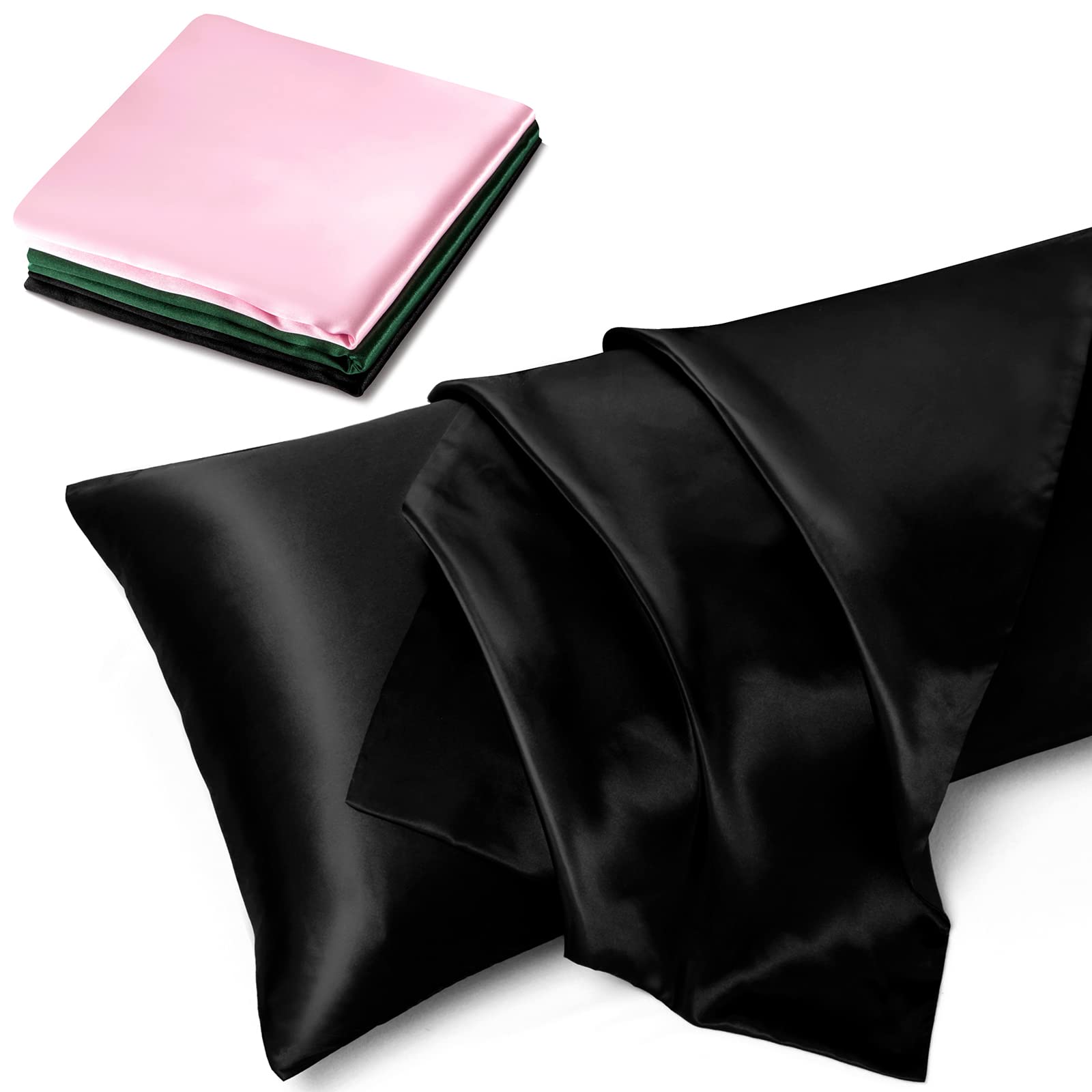 TREELY Funda de almohada de satén para cabello y piel, funda de almohada de satén sedoso de 20 x 48 pulgadas con cierre de sobre, color negro