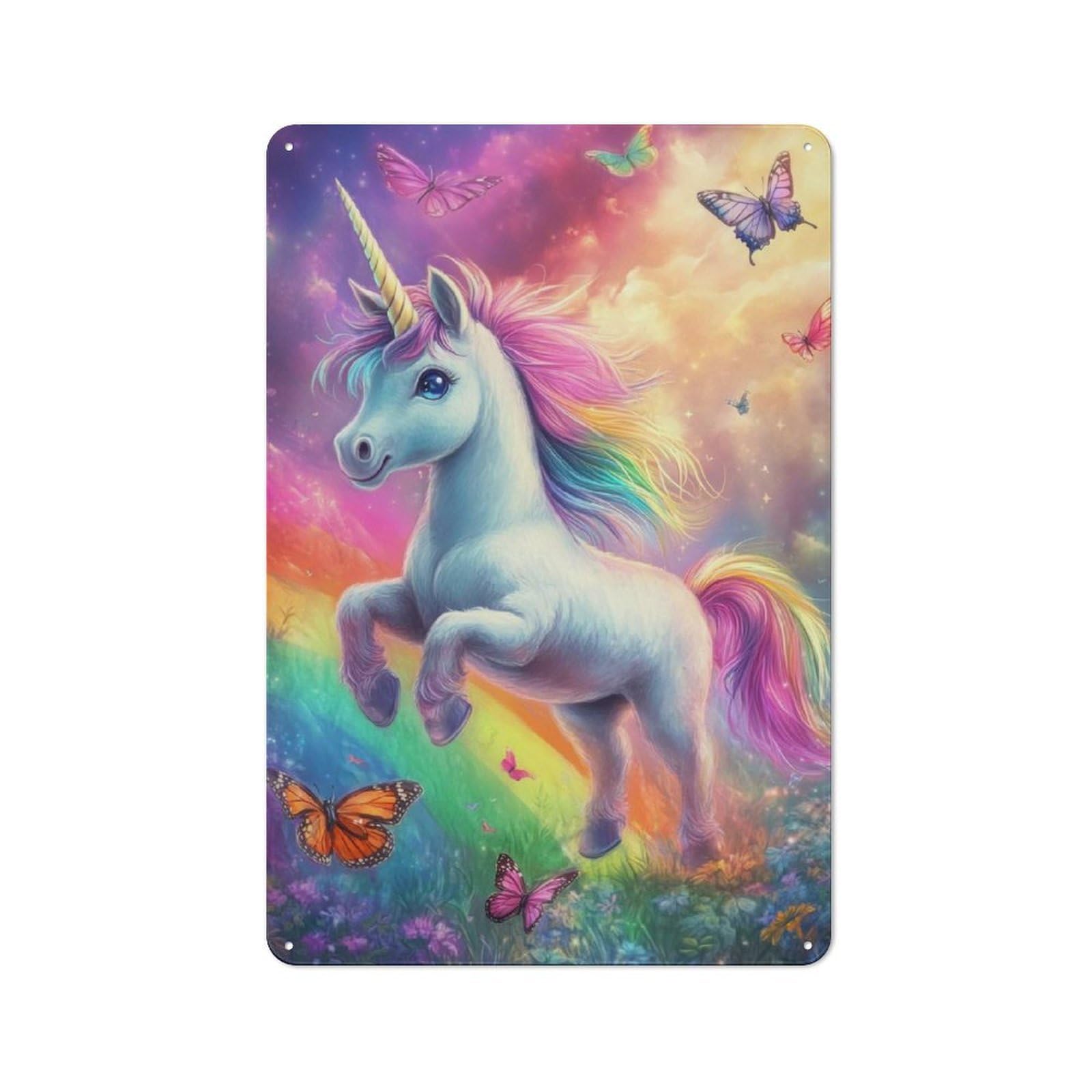 Junmoney Rainbow Unicorn With Butterflies Vintage Cafe Metal Sign 30X20cm Featuring Bistro Wall Plaque For Cafe, Bistro, Bakery Or Restaurant