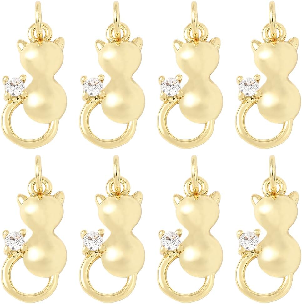 Beebeecraft 1 Box 10Pcs 18K Gold Plated Brass Cat Charms Back Cutout Animal Kitten Dangle Pendant Charms with Cubic Zirconia Cat Tail for Jewellery Making Necklace